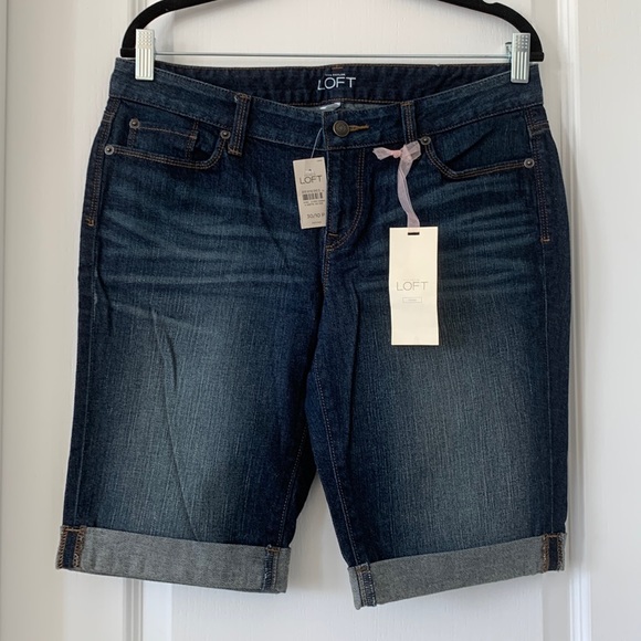 LOFT Bermuda Rolled Cuff 11” Inseam Blue Jean Shorts Size 10P New With Tag - Picture 1 of 16